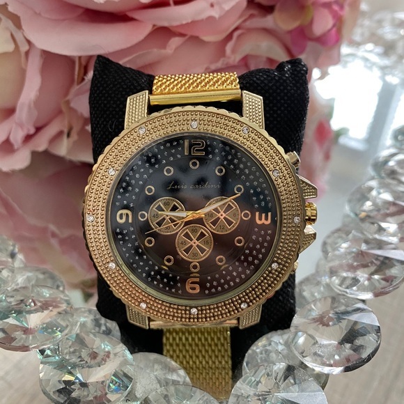 Stainless steel gold flashy iced out watch